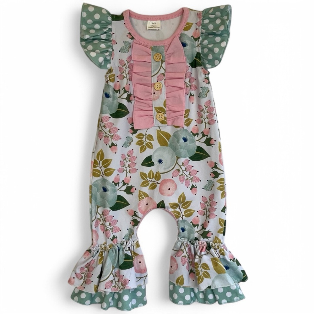 Romper Baby Girl Boutique Floral Baby Romper with Ruffle Sleeves Size 3-6 Months